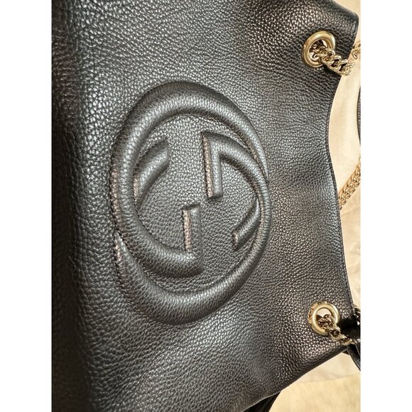 Gucci Soho Handbag Black Leather Tassel Double Chain Medium Shoulder Bag Purse - Picture 5 of 11